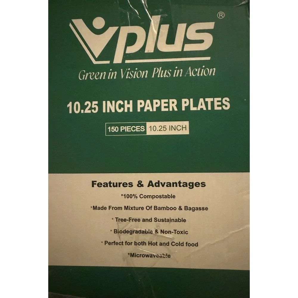 Vplus 150 Pack Compostable Disposable Paper Plates 10.25 inch Super Strong